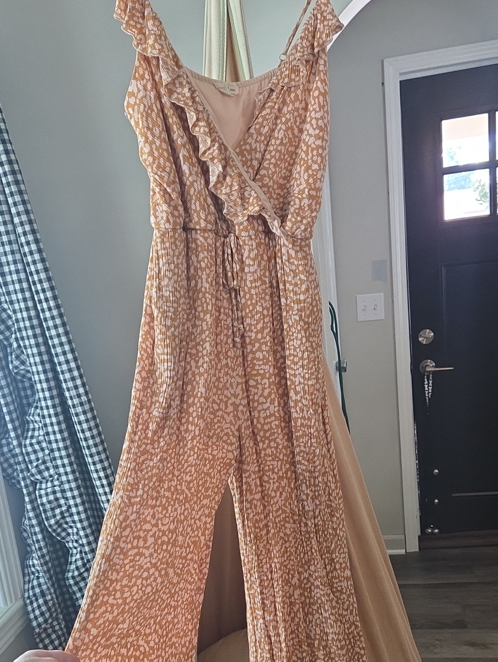 Peach Love California Beige Printed Ruffle Wrap Jumpsuit